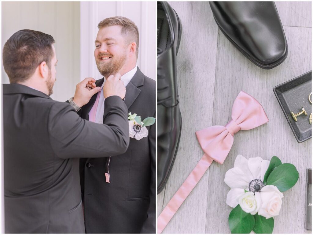 A happy groom getting ready on his wedding day near Charlotte at The Barn at Blue Sky Farm