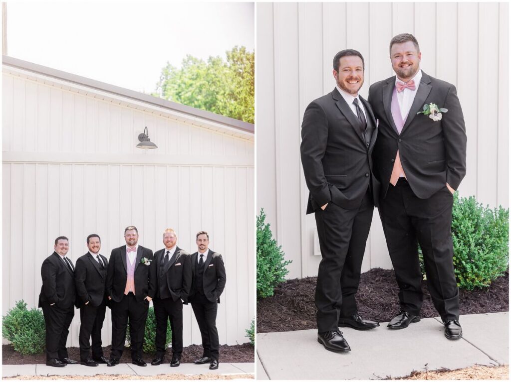 A happy groom getting ready on his wedding day near Charlotte at The Barn at Blue Sky Farm