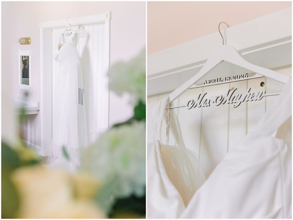 A wedding dress hanging