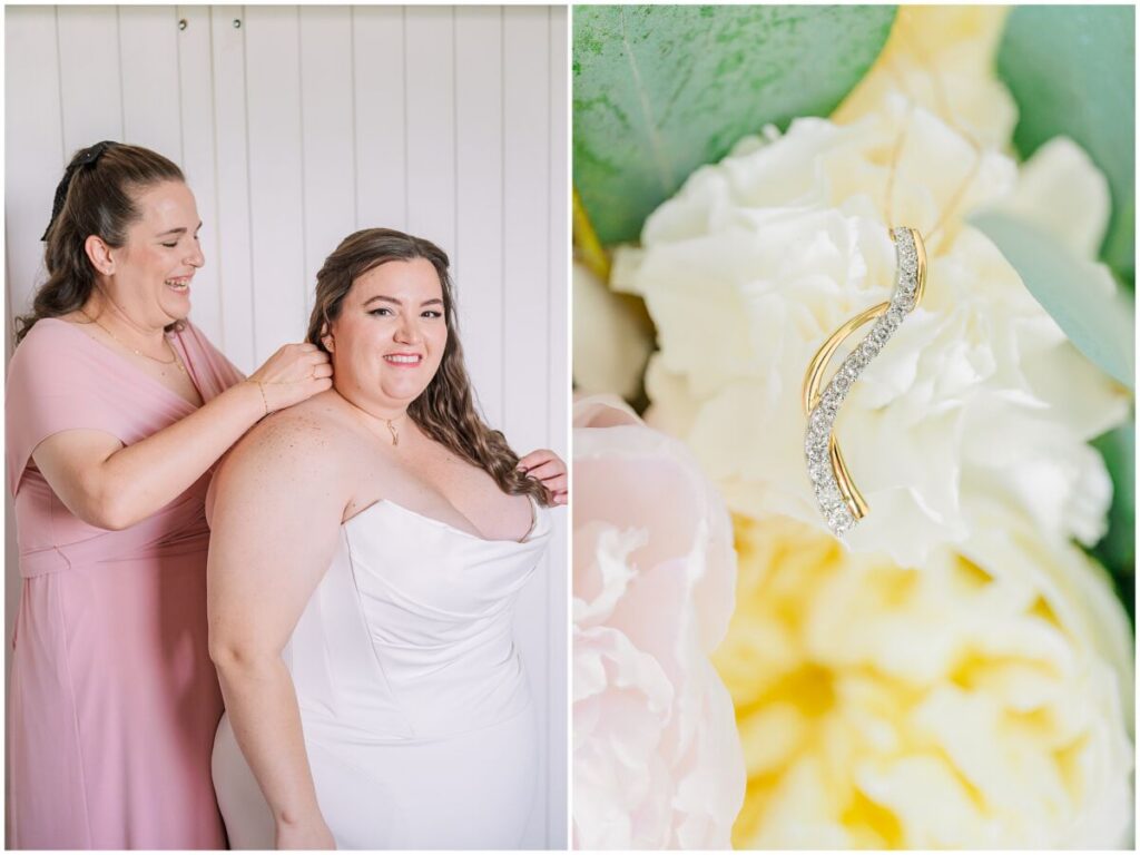 A blushing brunette bride getting ready on her wedding day at The Barn at Blue Sky Farm by JoLynn Photography