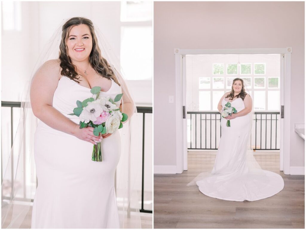 A blushing bride enjoying her bridal portrait session at The Barn at Blue Sky Farm by JoLynn Photography