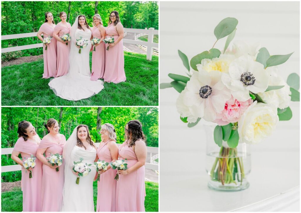 A happy bride with her beautiful bridesmaids in soft pink dresses at The Barn at Blue Sky Farm by JoLynn Photography