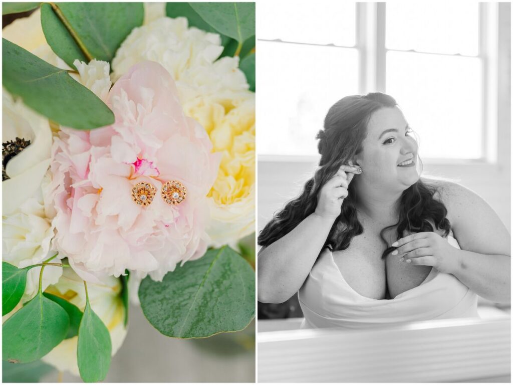 A blushing brunette bride getting ready on her wedding day at The Barn at Blue Sky Farm by JoLynn Photography