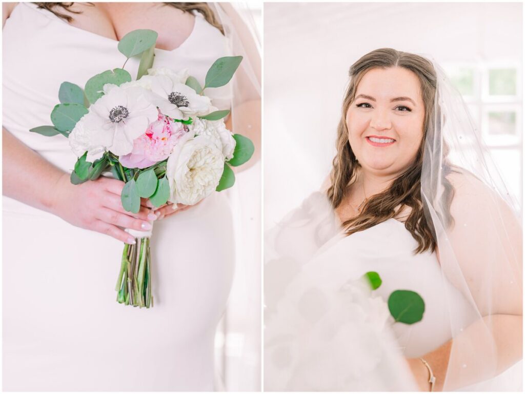A blushing bride enjoying her bridal portrait session at The Barn at Blue Sky Farm by JoLynn Photography