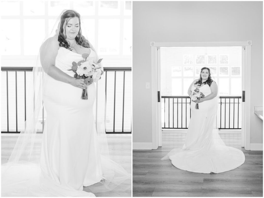 A blushing bride enjoying her bridal portrait session at The Barn at Blue Sky Farm by JoLynn Photography