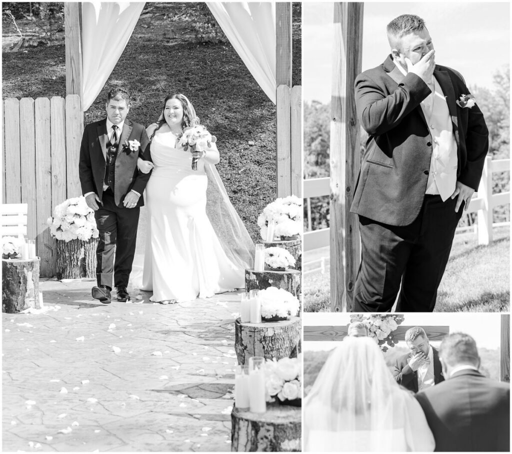 A first look as a bride walks down the aisle with her dad and the groom is excited to see her