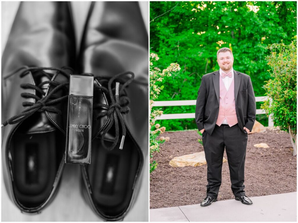 A happy groom getting ready on his wedding day near Charlotte
