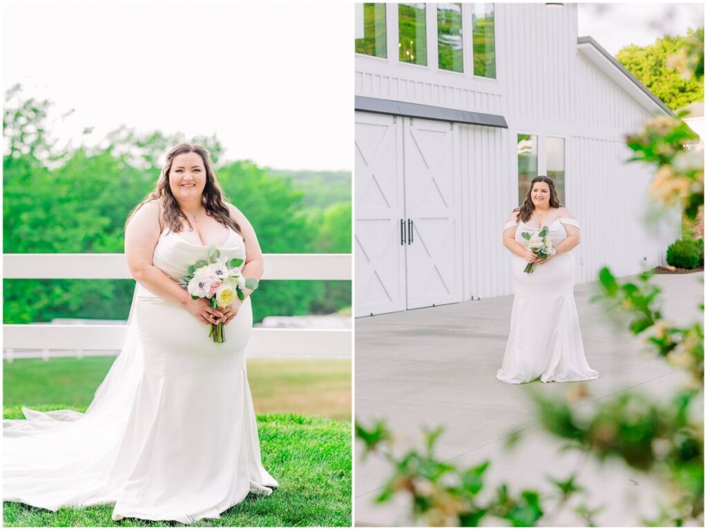 A blushing bride enjoying her bridal portrait session at The Barn at Blue Sky Farm by JoLynn Photography