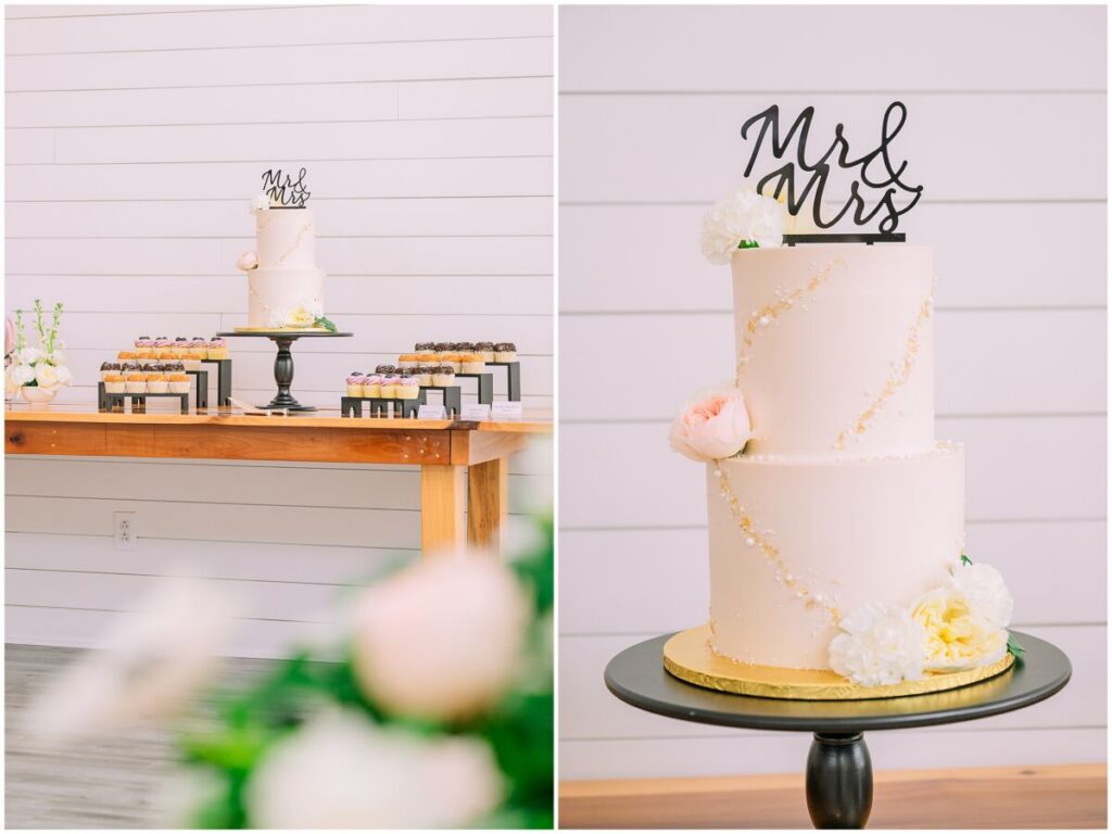 Romantic green, white, and pink wedding details at The Barn at Blue Sky Farm