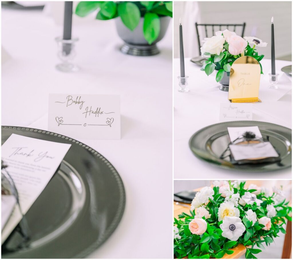 Romantic green, white, and pink wedding details at The Barn at Blue Sky Farm