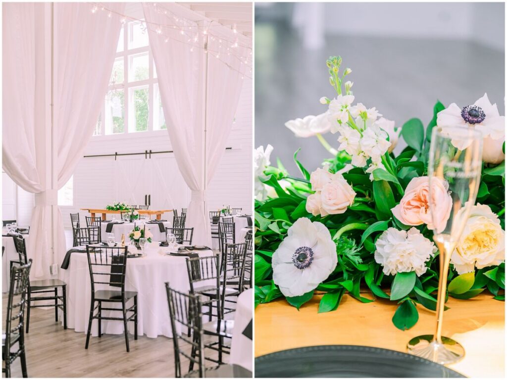 Romantic green, white, and pink wedding details at The Barn at Blue Sky Farm