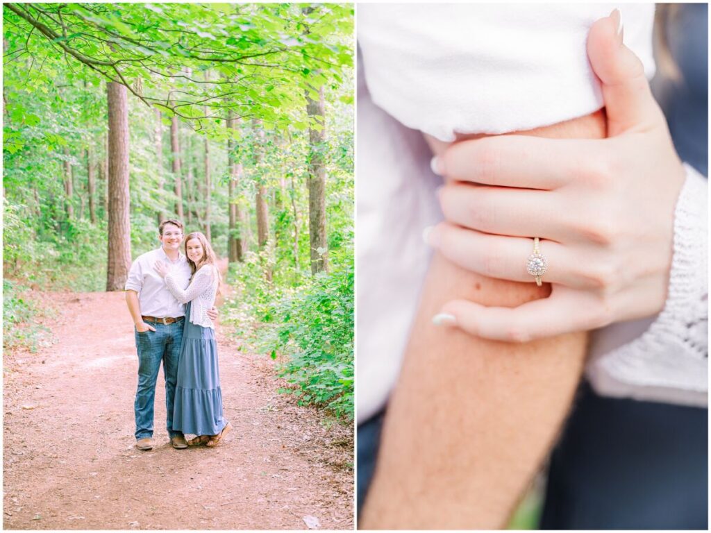 A happy couple wearing  a timeless balance of blue and white during their summer Yates Mill engagement by JoLynn Photography in the woods at sunset