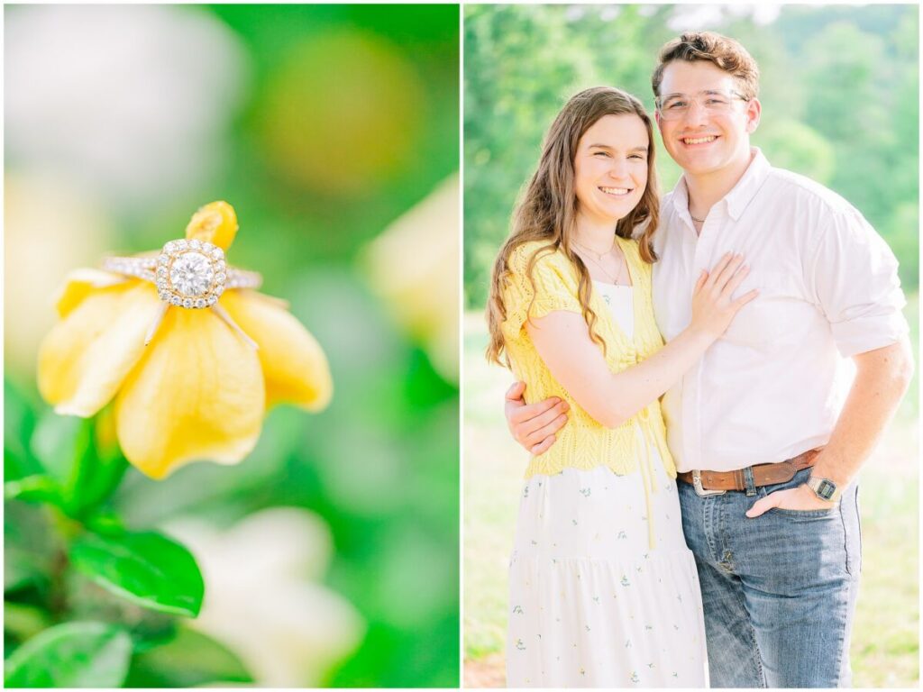 A happy couple enjoying their summer Yates Mill engagement next to vivid yellow flowers by JoLynn Photography