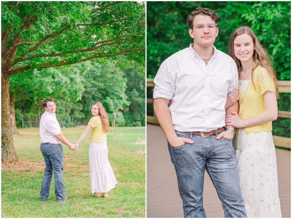 A happy couple during their summer Yates Mill engagement on a bridge overlooking the water by JoLynn Photography