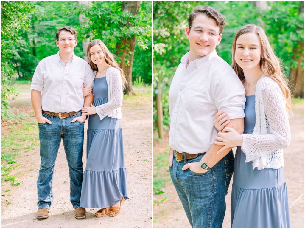 A happy couple wearing  a timeless balance of blue and white during their summer Yates Mill engagement by JoLynn Photography in the woods at sunset