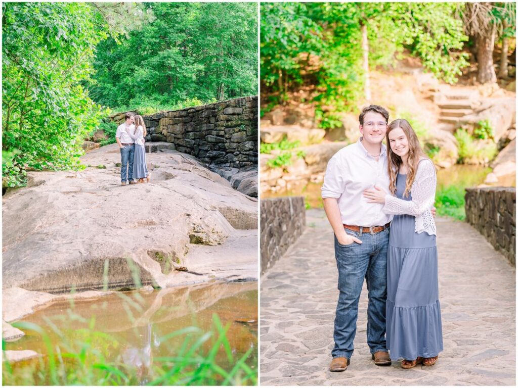 A happy couple wearing  a timeless balance of blue and white during their summer Yates Mill engagement by JoLynn Photography next to the water at sunset