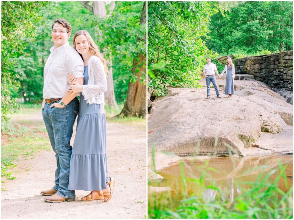 A happy couple wearing  a timeless balance of blue and white during their summer Yates Mill engagement by JoLynn Photography next to the water at sunset
