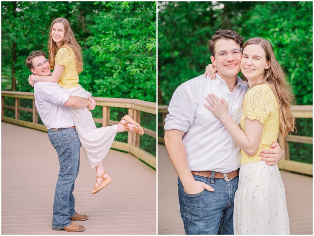 A happy couple during their summer Yates Mill engagement on a bridge overlooking the water by JoLynn Photography