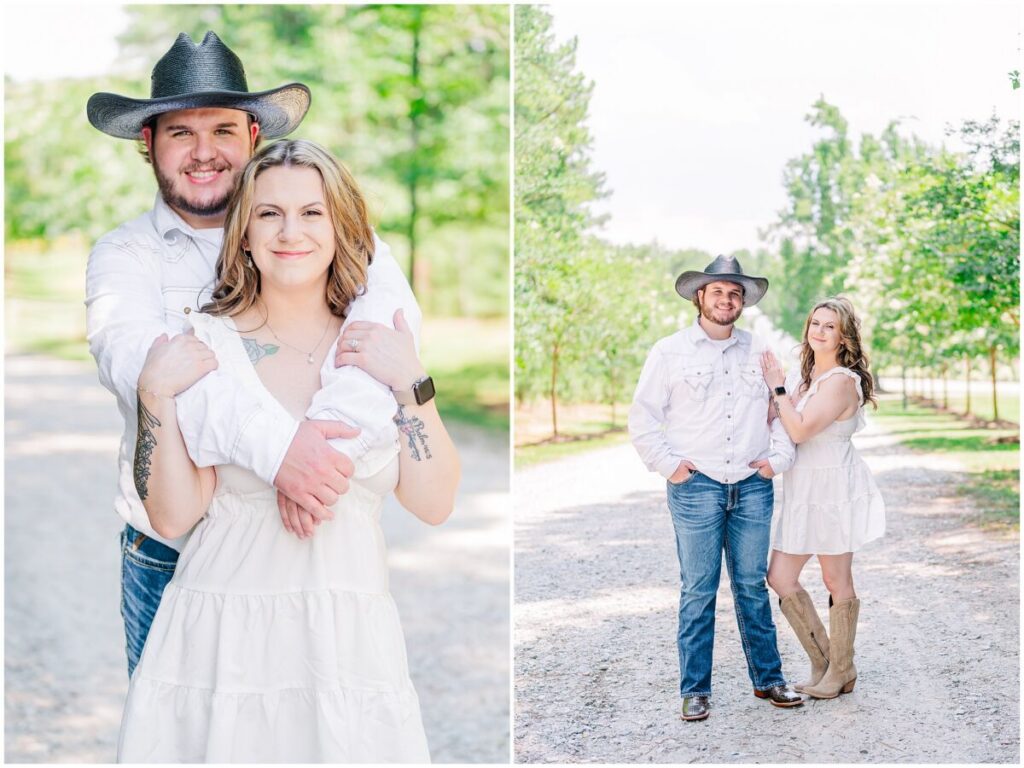 A happy groom in a cowboy hat enjoying his Pavilion at Carriage Farm engagement by JoLynn Photography with his glowing bride to be