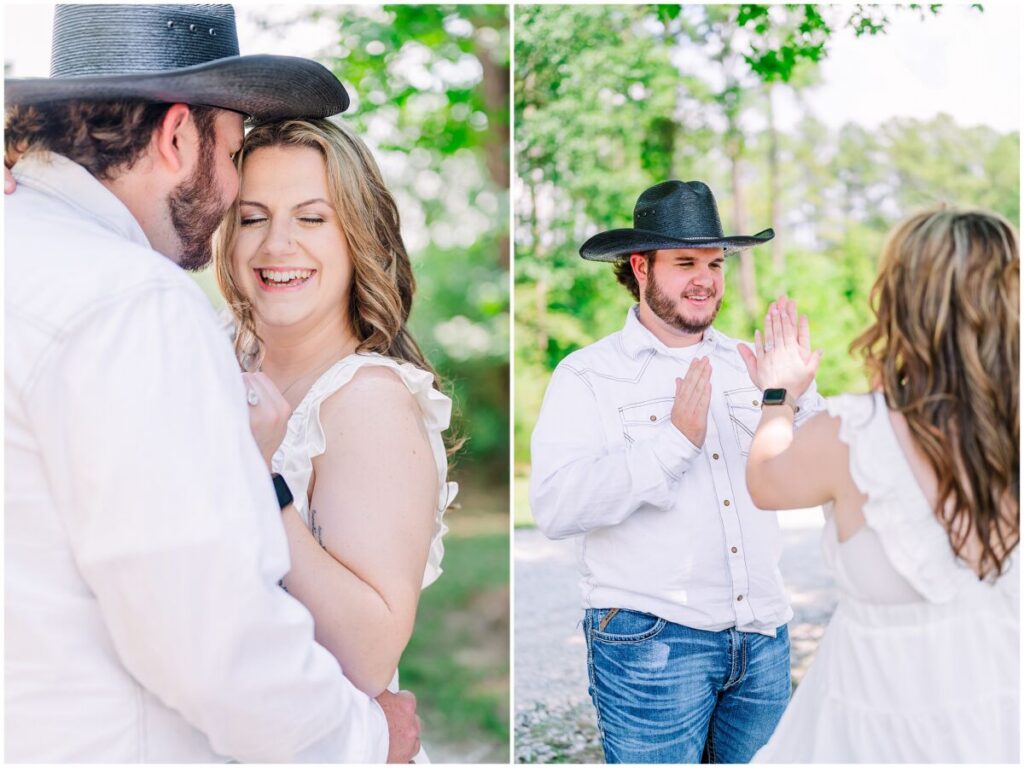 A bride and groom in white shirts and jeans playing fun games during their Pavilion at Carriage Farm engagement by JoLynn Photography during the summertime