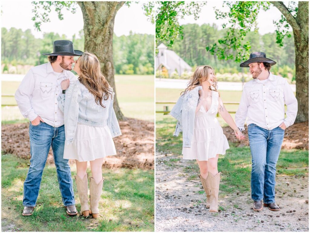 A bride and groom in white shirts and jeans playing fun games during their Pavilion at Carriage Farm engagement by JoLynn Photography during the summertime