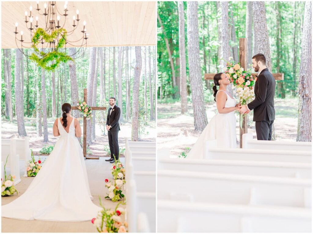 A loving couple getting married in the chapel at Stone Manor surrounded by bright summer flowers by JoLynn Photography
