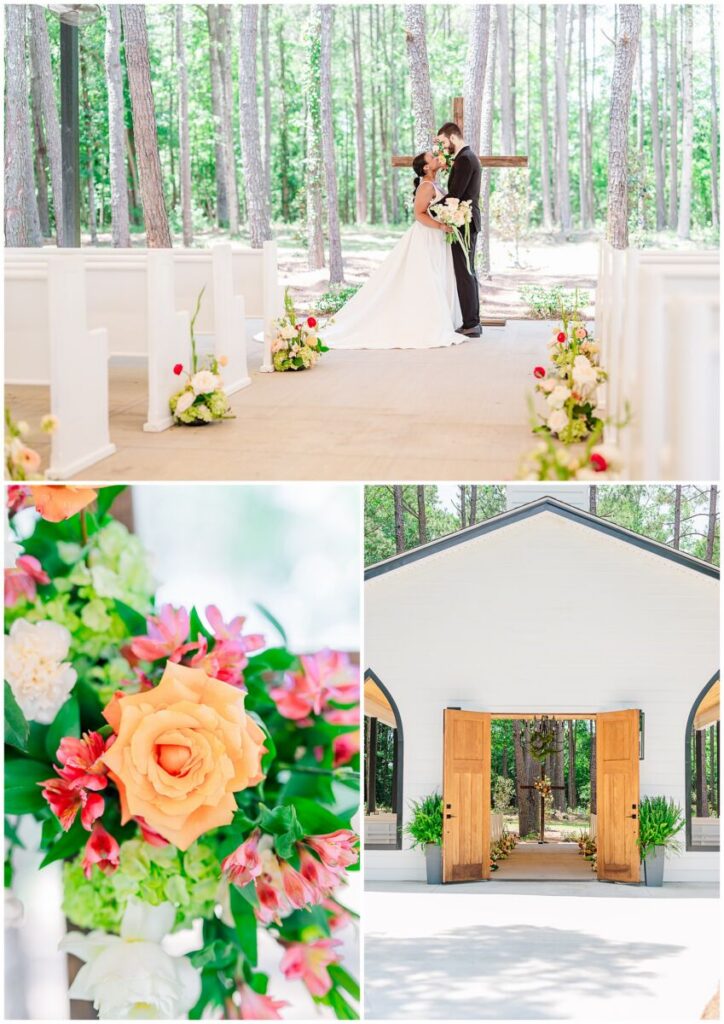 A loving couple getting married in the chapel at Stone Manor surrounded by bright summer flowers by JoLynn Photography