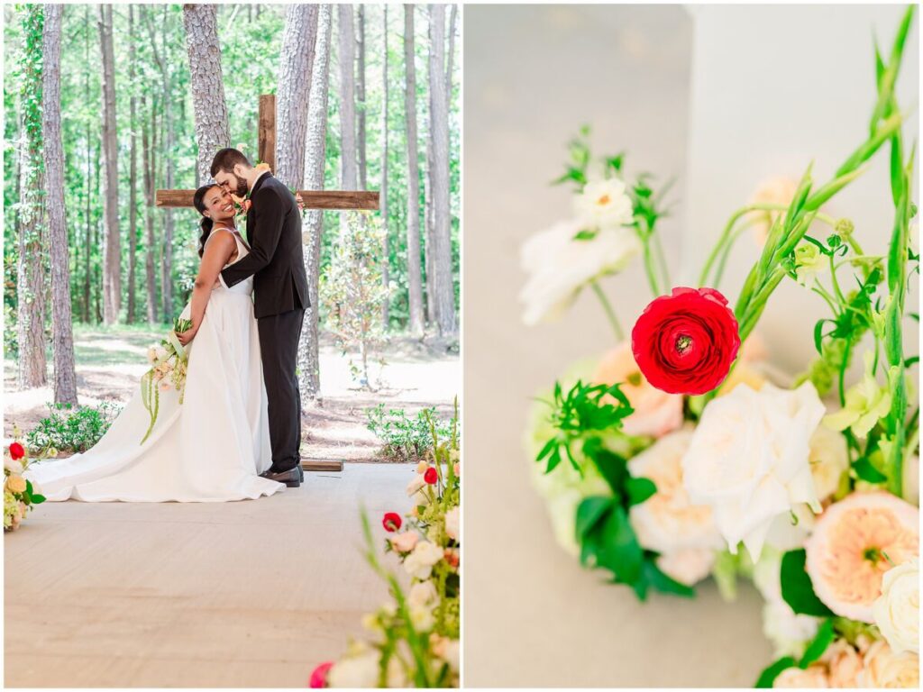 A loving couple getting married in the chapel at Stone Manor surrounded by bright summer flowers by JoLynn Photography