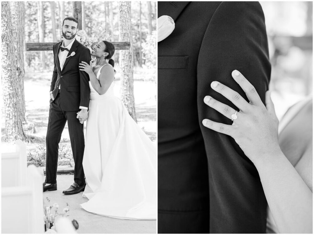 A black and white photo of a couple getting married