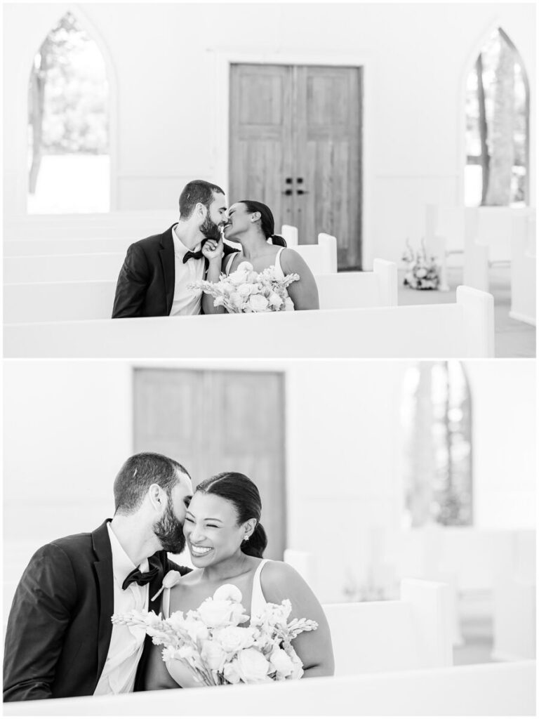 Sweet cuddles in a chapel on a summer wedding day in a black and white photo