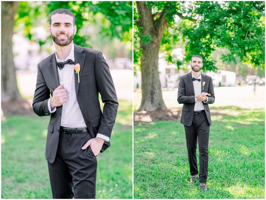 A brunette groom enjoying his wedding day portraits at Stone Manor by JoLynn Photography