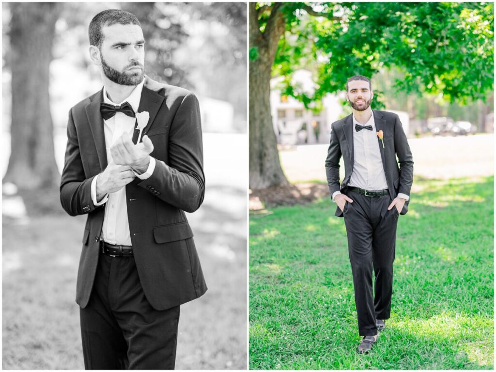 A brunette groom enjoying his wedding day portraits at Stone Manor by JoLynn Photography