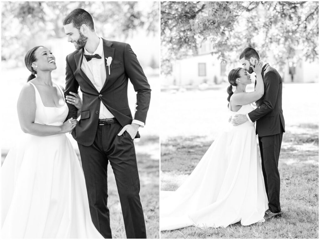 Black and white wedding portraits under a large oak tree