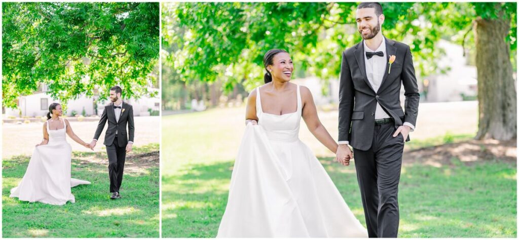 Romantic wedding portraits of a loving couple under a large oak tree at Stone Manor by JoLynn Photography
