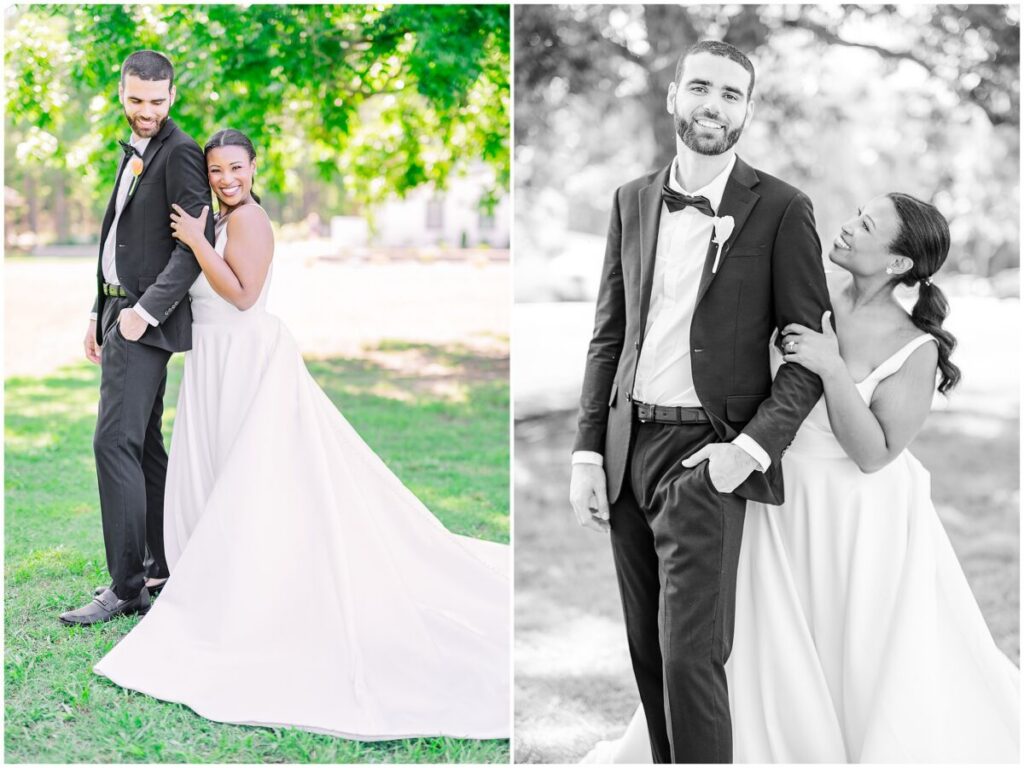 Loving wedding portraits under an oak tree