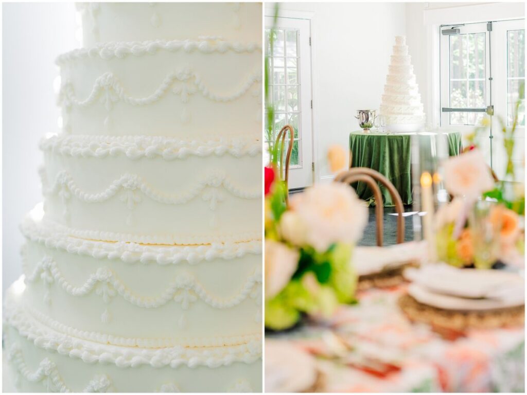 A nine-tiered wedding cake during a stunning summer wedding reception
