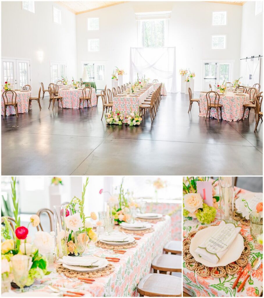 A vibrant wedding reception full or bright warm colors during a stunning wedding at Stone Manor by JoLynn Photography