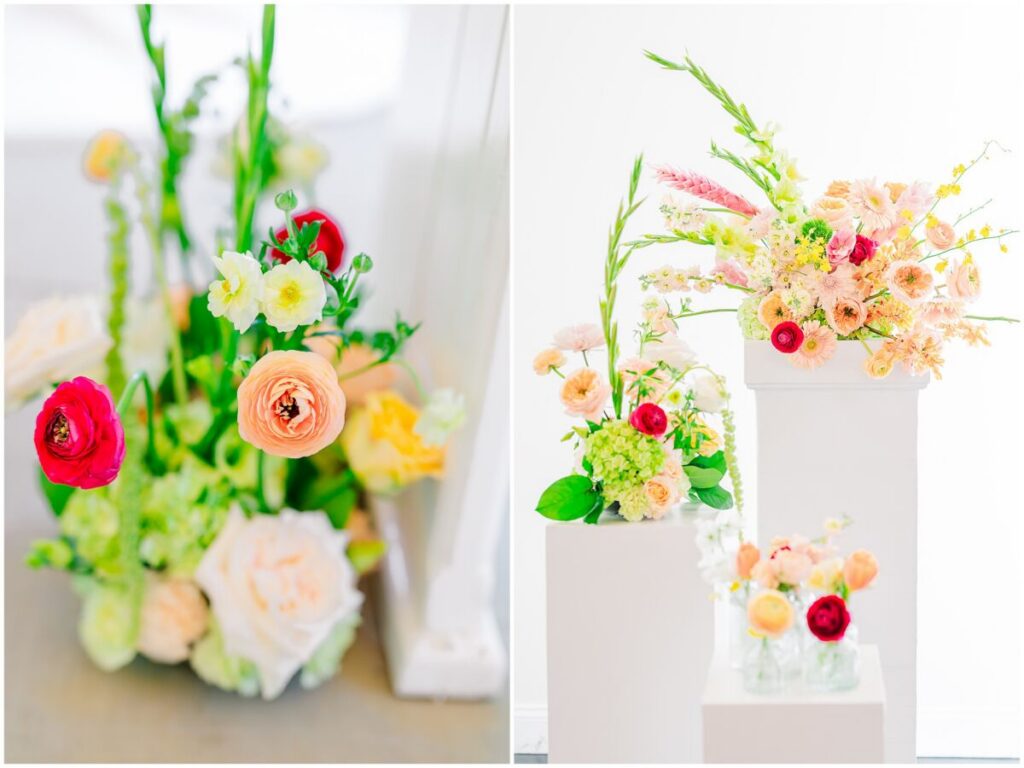 Beautiful bright color wedding reception details at Stone Manor by JoLynn Photography