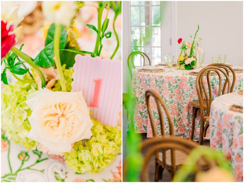 Beautiful bright color wedding reception details at Stone Manor by JoLynn Photography
