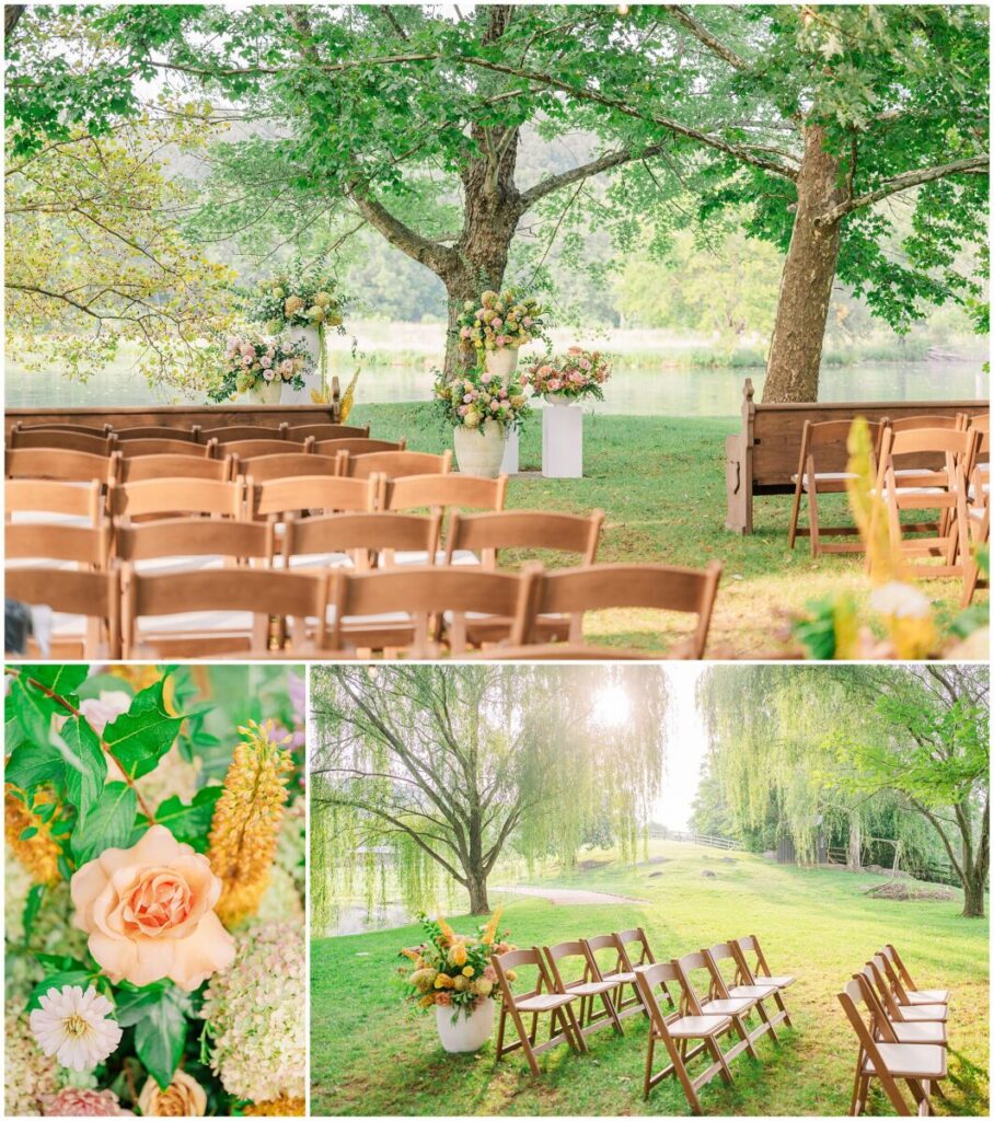 A beautiful fall wedding ceremony overlooking the water with weeping willow trees near Charlottesville Virginia at Big Spring Farm