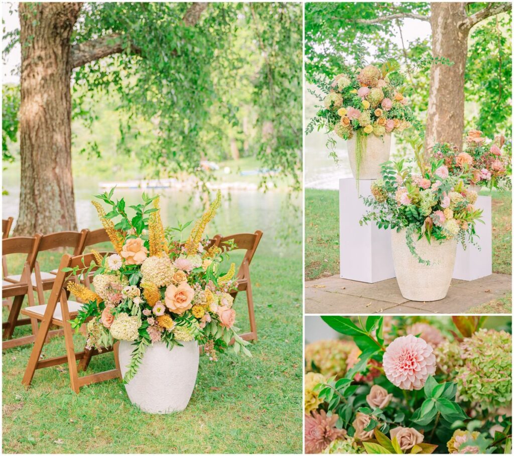 A beautiful fall wedding ceremony overlooking the water with weeping willow trees near Charlottesville Virginia at Big Spring Farm