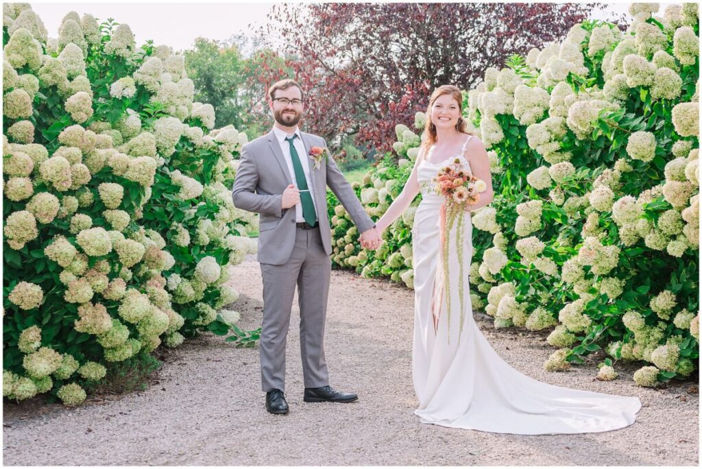 A newly wed couple next to white hydrangeas during their sunset portraits with JoLynn Photography