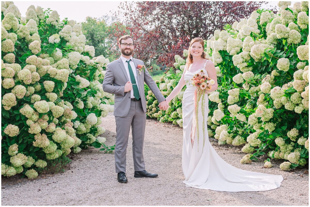 A newly wed couple next to white hydrangeas during their sunset portraits with JoLynn Photography at Big Spring Farm