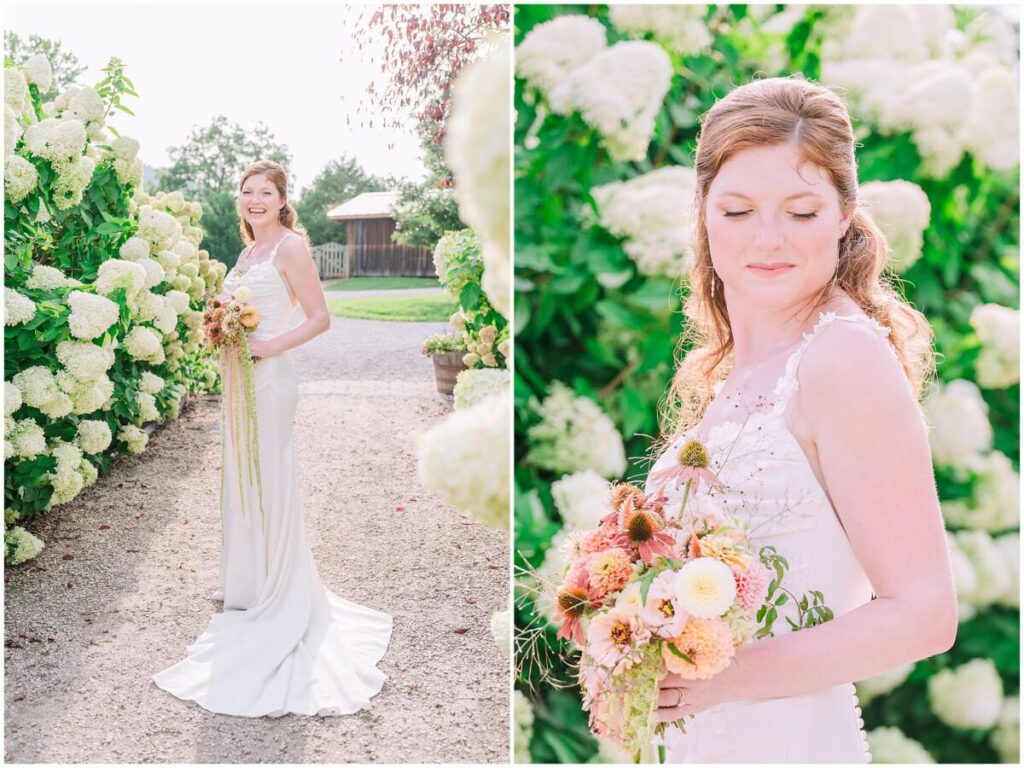 A glowing auburn bride enjoying her fall bridal portrait session with JoLynn Photography in all white hydrangeas at Big Spring Farm
