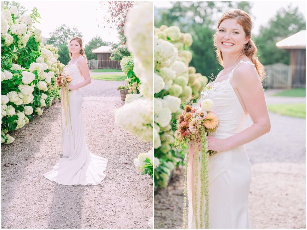 A glowing auburn bride enjoying her fall bridal portrait session with JoLynn Photography in all white hydrangeas