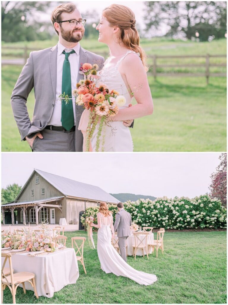 A loving couple on their September wedding day at Big Spring Farm entering their wedding reception by JoLynn Photography