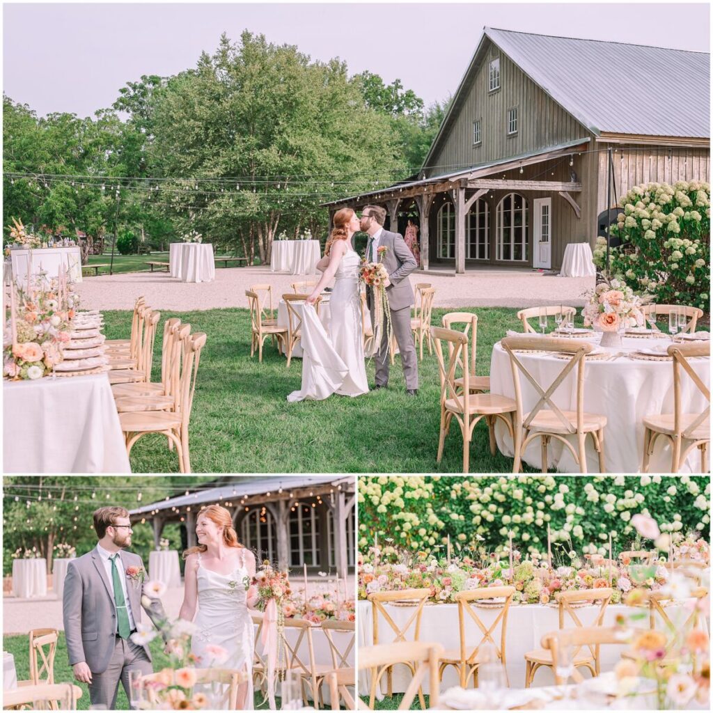A newly wed couple enjoying their beautiful fall wedding reception during sunset at Big Spring Farm by JoLynn Photography