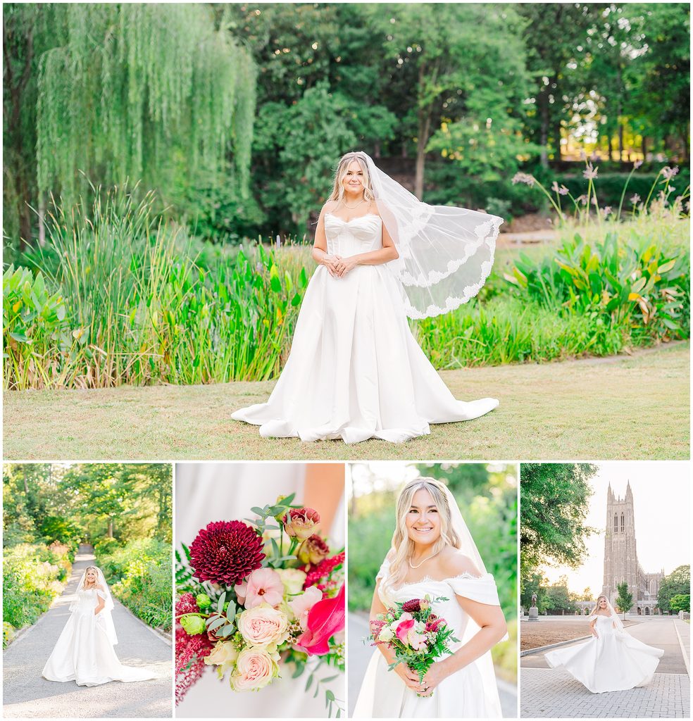 A glowing blonde bride enjoying her Duke Gardens bridal portrait session on a warm summer afternoon at sunset by JoLynn Photography