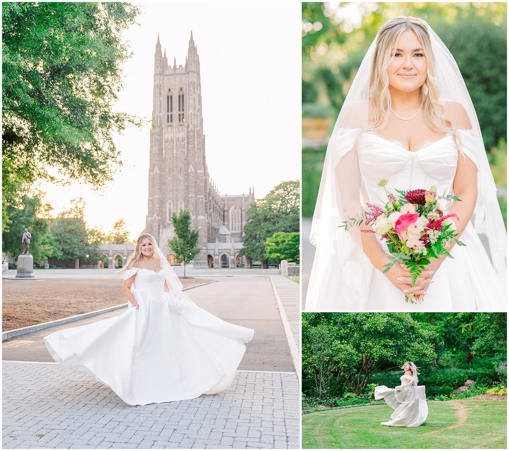 A bride during her Duke Gardens bridal portraits session in the summer by JoLynn Photography outside of the Duke Chapel