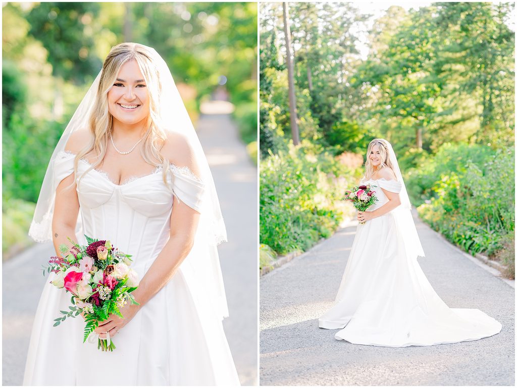 A glowing blonde bride in a beautiful wedding down with pockets during her Duke Gardens bridal portraits session by JoLynn Photography